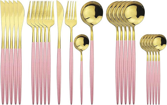 Gold Silverware Set, 24-Piece Stainless Steel Flatware Set Service For 6, Mirror Polished Pink Handle Tableware Cutlery Set Knife Fork And Spoon For Home & Restaurant, Dishwasher Safe