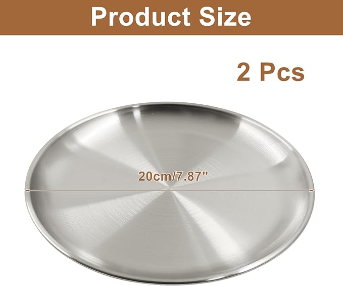 Piutouyar 2 Pcs 20 cm / 7.87 Inch Round Serving Tray, Stainless Steel Circular Metal Platter, Decorative Tray Silver Dinner Dishes for Kitchen, Bathroom, Home