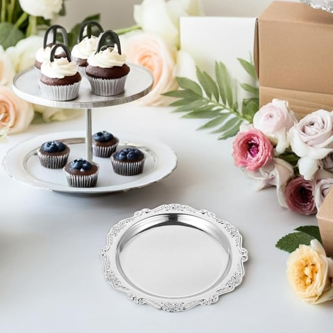 VILLCASE 2 Pack Small Silver Serving Tray, 5. 9 Inch Vintage Round Iron Display Plate for Desserts, Antique Style Decorative Jewelry Dish for Vanity, Wedding Centerpiece and Tea Party (Silver)