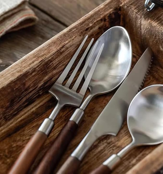 Walnut Wooden Silverware Set Flatware Set for 12 Exquisite Ergonomic Wood Handle Utensil Sets 18 10 Stainless Steel Cutlery Sets Include Fork Knife Spoon Matte Tableware,Dishwasher Safe