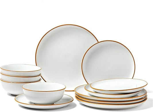Ceramic Dinnerware Set 12 Piece - White Plates and Bowls Set for 4, Microwave & Dishwasher Safe, Durable & Stackable Kitchen Tableware