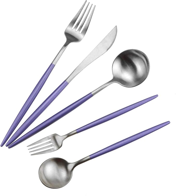 Gugrida Luxury Flatware, Royal 5 Piece Matte Purple Handle 18/10 Stainless Steel Tableware Sets for 1 Including Forks Spoons Knives, Camping Silverware Travel Utensils Set Cutlery (Purple Silver)