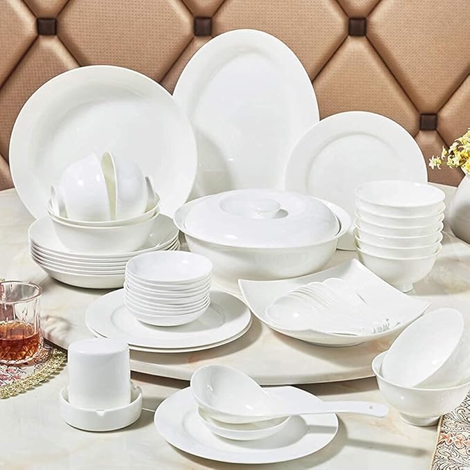 Ceramics Dinner Sets Plates/Bowls/Soup Pot | 56 Pieces Dinnerware Set White Microwave Tableware Safe - For Family Party Kitchen Restaurant