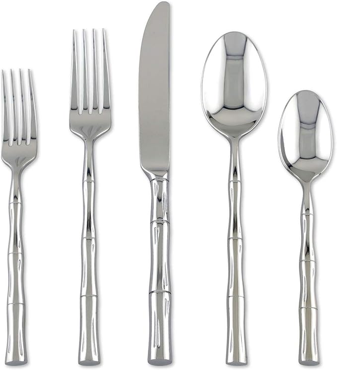 UPware 45-Piece Bamboo Shaped Flatware Set, 18/8 Stainless Steel Silverware Cutlery Set, Service for 8 with Serving Set, Mirror Polished, Dishwasher Safe (Bamboo)