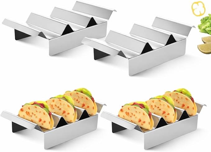 4 Pcs 304 Stainless Taco Holder Bar with Base Taco Stands for 3 Tacos Metal Trays Easy to Clean, Dishwasher Safe, Hot Dog Prep Tray