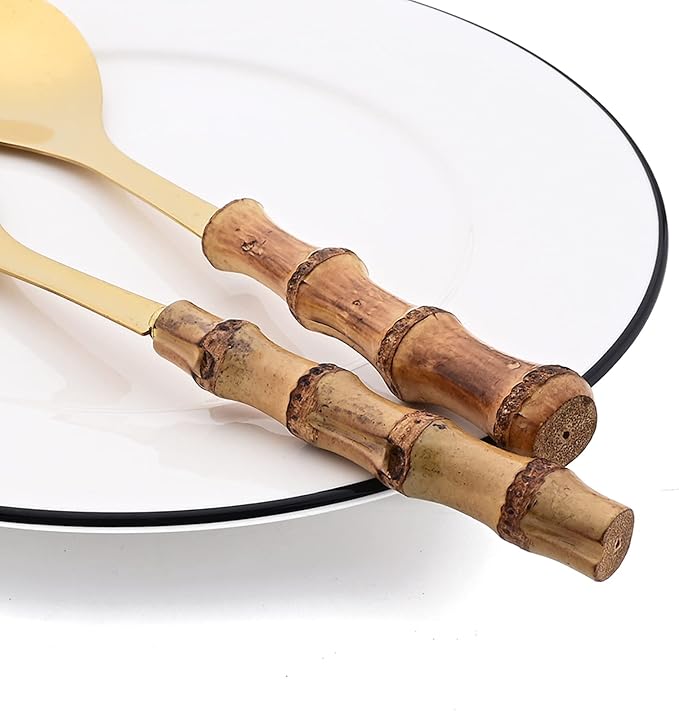 4 Piece Bamboo Handle Serving Set Utensils, 304 Stainless Steel Long Hanlde Serving Fork Spoon For Kitchen Buffet Banquet Wedding Party Cooking (4 Forks, Gold)