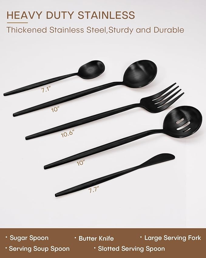 Serving Utensils,5 Pieces Matte Black Hostess Serving Utensil Set with Round Stainless Steel Serving Spoon,Slotted, Sugar Spoon,Butter Knife for Parties Buffet Banquet,Dishwasher Safe