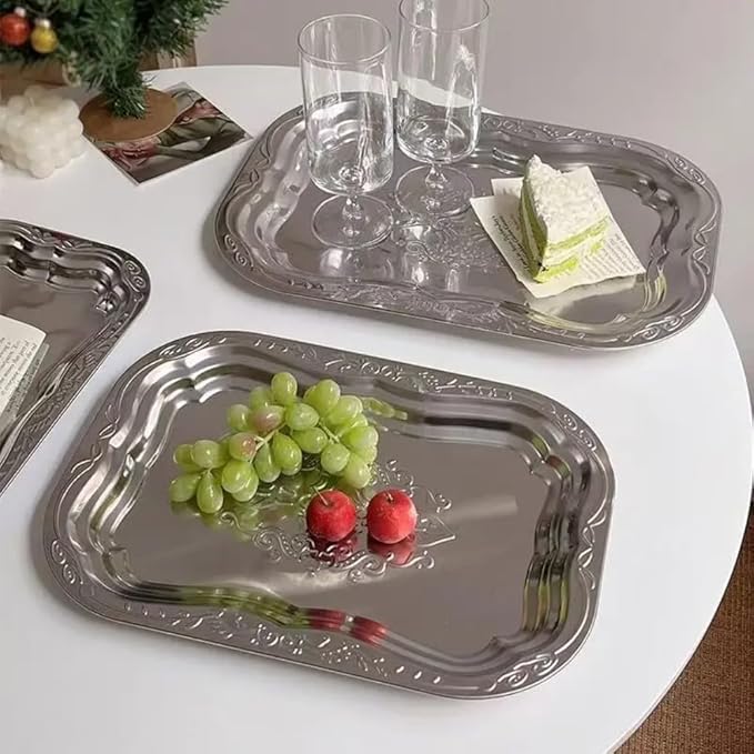 Silver Embossed Cutlery Serving Tray Set Of 3 Pieces Stainless Steel 30cm 35cm 40cm For Wedding Events Parties Large Gatherings Food Display Decorative Elegant