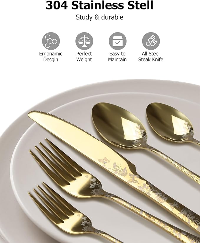 20-Piece Silverware Set, AORESAC Flatware Set for 4, Butterfly Flower Design, Mirror Polish, Forks Spoons, and Knives set for Home and Kitchen, Dishwasher Safe (Gold)