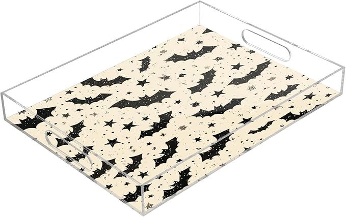 Serving Tray with Handles Clear Acrylic Tray 12x16 Inch Decorative Rectangular Tray Organizer for Ottoman Coffee Table Bathroom Halloween Bats and Stars