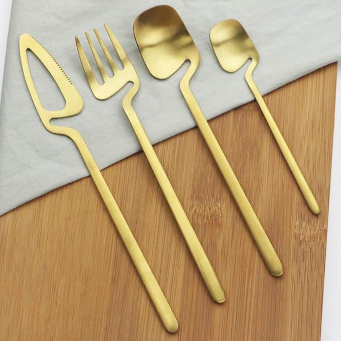 Luxury 18/10 Flatware Gold Silverware Set 304 Stainless Steel Flatware Cutlery Set| 4-Piece Royal Modern Satin Finish| Special Birthday Wedding Gift (Matte Golden)