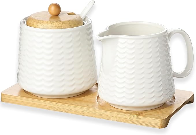 Ceramic Sugar and Creamer Set, Porcelain Coffee Serving Set with Cream Pitcher, Sugar Bowl, Lid & Spoon, 10 Ounce Creamer Container and Sugar Pot (CTNAI231)