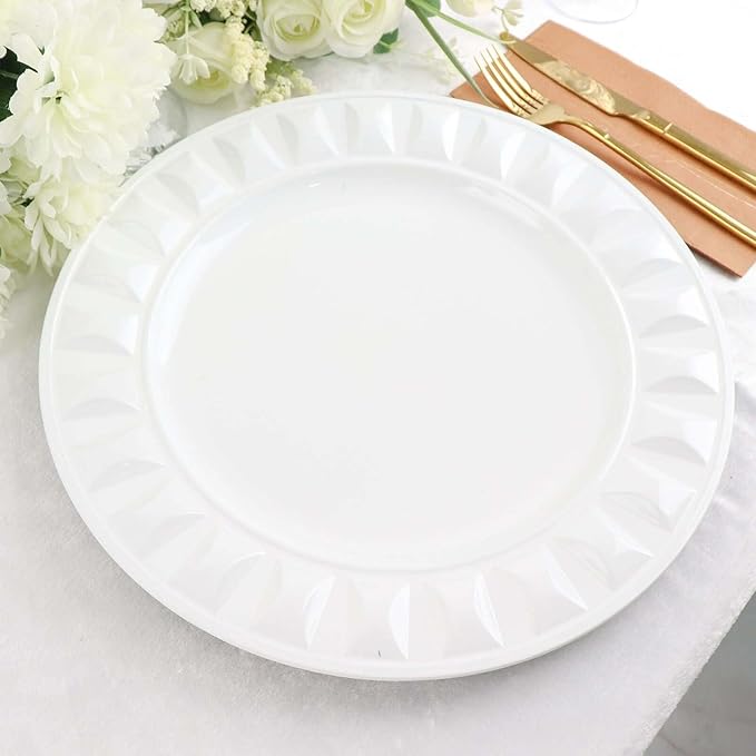 Efavormart 6 Pack | 13" White Round Bejeweled Rim Plastic Dinner Serving Trays, Disposable Charger Plates