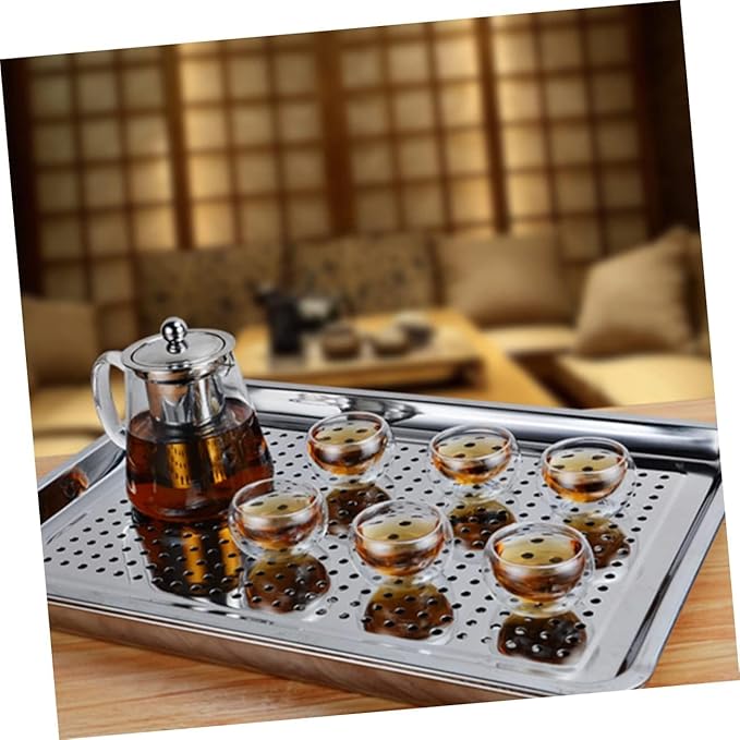 Square Stainless Steel Serving Tray for Tea, Coffee, Snacks, Silver Organizer Plate for Kitchen, Bathroom, Dining Table, Restaurant Use, Multipurpose Metal Utility