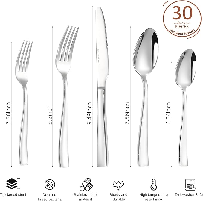 Lazycorner Silverware Set for 6, 18/10 Stainless Steel Flatware Set, 30-Piece Mirror Polished Modern Cutlery Set include Fork Knife Spoon Set(Dishwasher Safe)