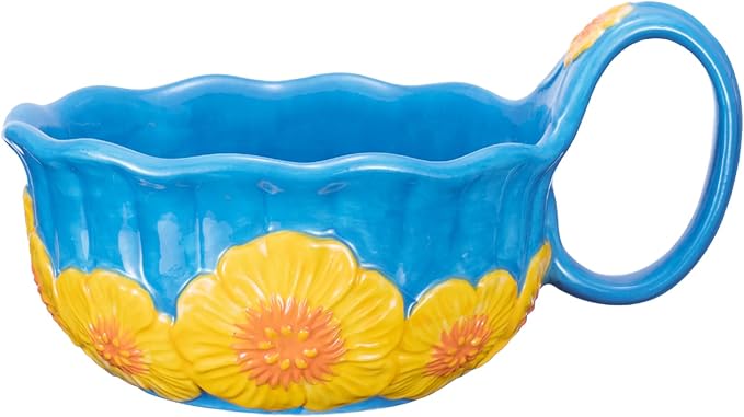 silesia Handmade Ceramic Soup Bowl, 30 oz Hand Painted Bowl with Loop Handle, Floral Design Cereal Bowl for Soup, Ice cream, Snack, Microwave & Dishwasher Safe (Dark Blue)