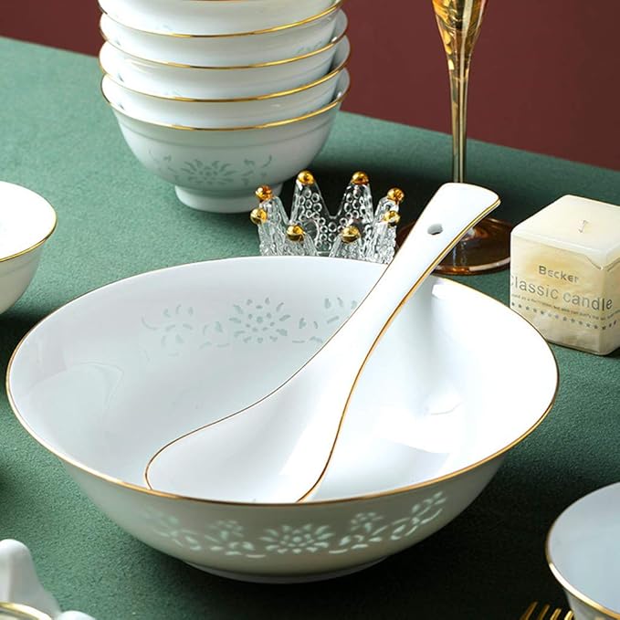 Classic Pottery Tableware,Ceramics Dinner Sets, 60 Pieces Hollow Out Phnom Penh Dinnerware Set | Plate/Bowl/Soup Pot - White Porcelain Combination Set