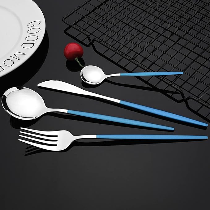 JASHII Hanging Flatware Set Include Knife Fork Spoon Teaspoon and Stand, 24pcs Stainless Steel Utensils Set Service for 6,Modern Design & Mirror Polished, Dishwasher Safe - Blue Silver