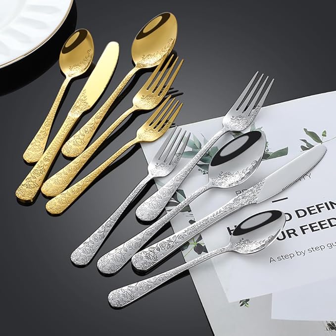 50-piece flowers TWEE Silverware Set for 10, Palace Style Stainless Steel Flatware Cutlery Serving Utensils, Eating Tableware for Home Kitchen Hotel Restaurant, Mirror Polished