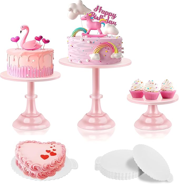 3 Pcs Cake Stand with 20Pcs Cakeboard Round, Cake Stand Set Disc Diameter 8" 10" 12", Perfect Dessert Table Display Set, Cupcake&Cake Stands for Party, Wedding, Birthday (Pink)