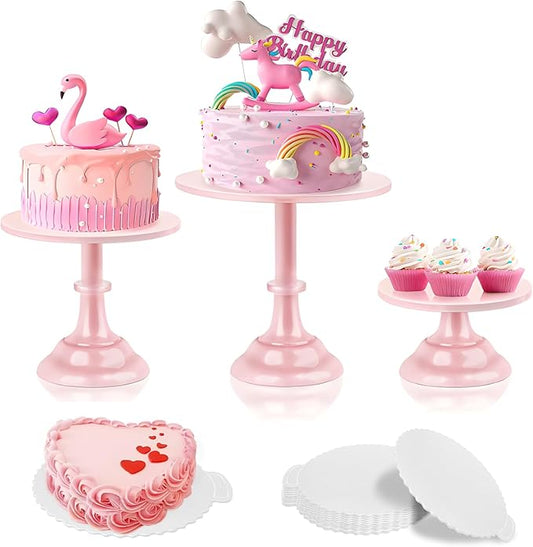 3 Pcs Cake Stand with 20Pcs Cakeboard Round, Cake Stand Set Disc Diameter 8" 10" 12", Perfect Dessert Table Display Set, Cupcake&Cake Stands for Party, Wedding, Birthday (Pink)