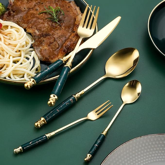 Premium Stainless Steel Silverware Set with Ceramic Handles, 5 Piece Knife, Fork, and Spoon Set with Marble Accents, Elegant Kitchen Utensils Set (Green (set of 5))