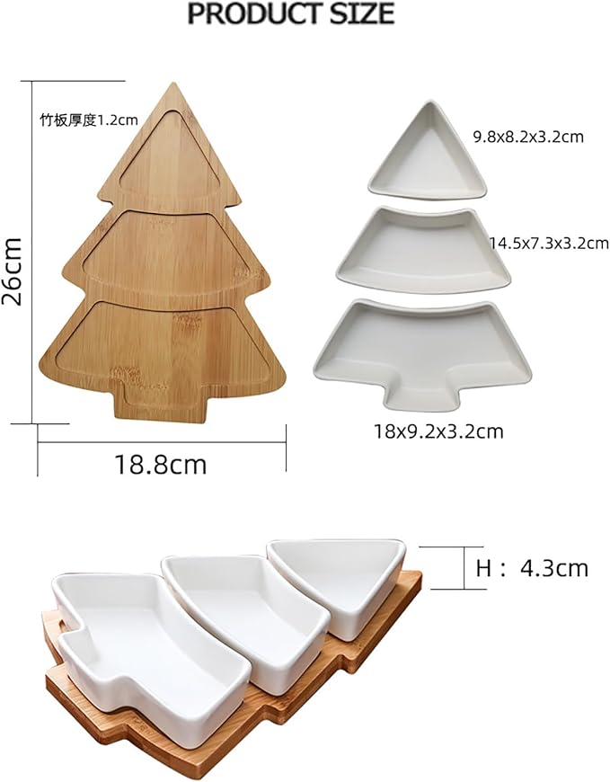 cjc Christmas Tree Serving Dishes Set with Bamboo Tray - 1 Sets of Porcelain Appetizer Plates for Holiday Parties