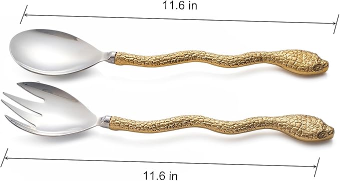 Gold Serpent Snake Salad Servers Brass & Stainless Steel, CNY Year of the Snake, Fork & Spoon Set, Two Tone Ideal for Weddings, Dinner, Elegant Flatware, Housewarming, Stainless Steel Mirror Polished