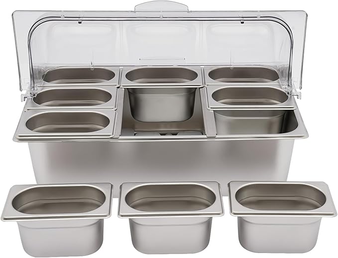 9 Pans Ice Food Serving Display Container w/Clear Roll Top Cover, Stainless Steel Serving Tray Catering Supplies Buffet Display Condiment Dispenser Plate Case for Restaurant Hotel Kitchen