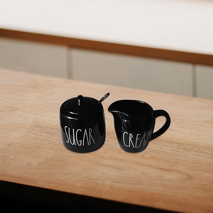 Sugar and Creamer Set, Cream Container and Sugar Holder Set for Coffee Bar, Farmhouse Sugar Bowl with Lid and Spoon, Ceramic Sugar Dispenser and Creamer Pitcher Set for Countertop (Black)