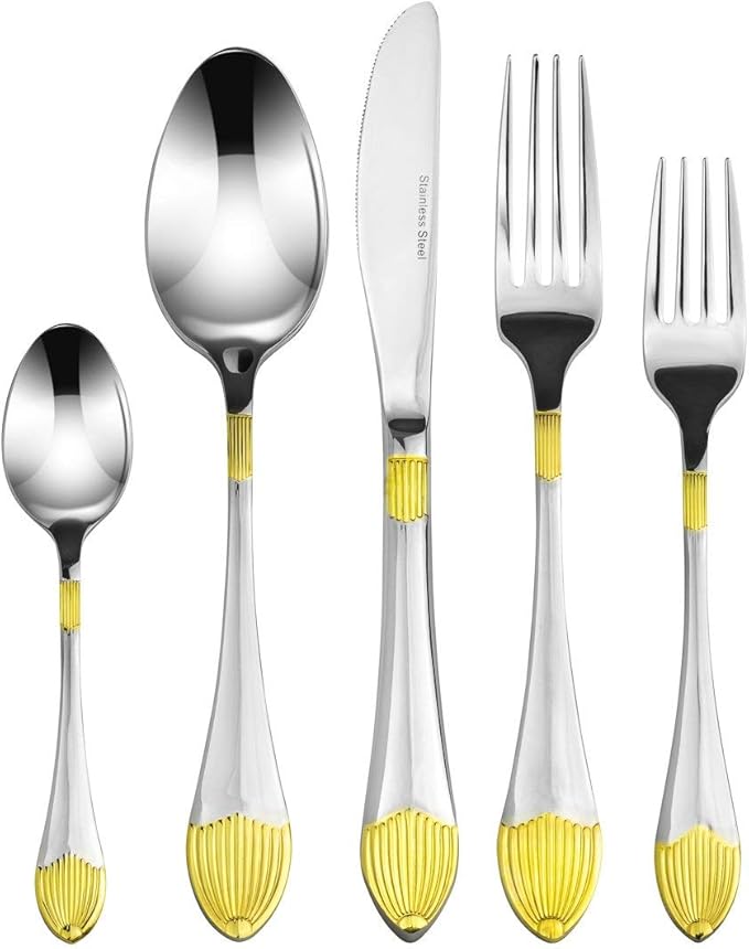 Italian Collection 'Colosseum' 20-Pc Premium Silverware Flatware Serving Set, Service for 4, 18/10 Stainless Steel Gold Plated Dining Flatware