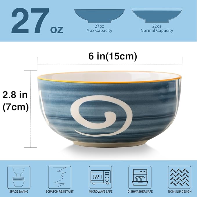 Yeacccng Ceramic Cereal Bowls Set of 4, 27 Oz Soup Bowls, 6 Inch Restaurant Style Cereal Bowl, Decorative Serving Bowls for Kitchen Decor, Scratch-Resistant, Lead-Free (6 Inch Cereal Bowls Set of 4)