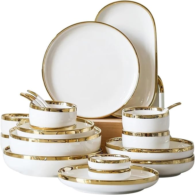 Dinnerware Set Gold Bright White Porcelain Dinner Sets Ceramic Bowl Dish Plates Set Porcelain Dinnerware for Household Hotel Ceramic Plates and Bowls Sets