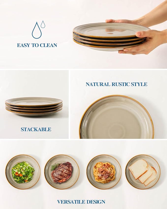 HASENSE Porcelain Dinnerware Set of 4, 10 Inch Ceramic Dinner Plates Set of 4 for Kitchen Counter, Large ceramic Dishes Set for Steak, Salad and Dinner, Microwave and Dishwasher Safe, Brown