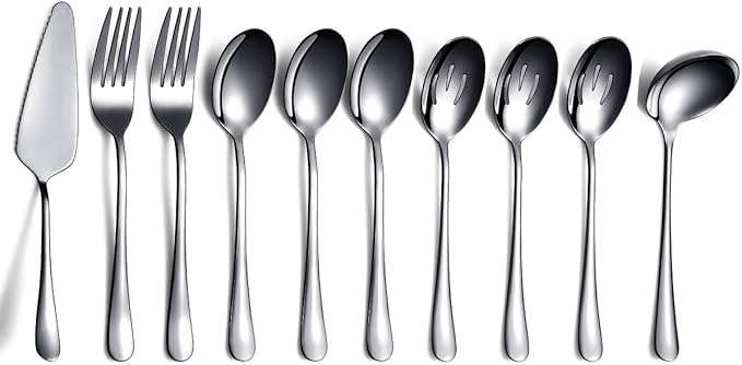 Black 10-Piece Serving Flatware Set, Stainless Steel Serving Utensil Set, Includes Slotted Spoon, Cake Server, Fork, Soup Ladle