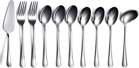 Black 10-Piece Serving Flatware Set, Stainless Steel Serving Utensil Set, Includes Slotted Spoon, Cake Server, Fork, Soup Ladle