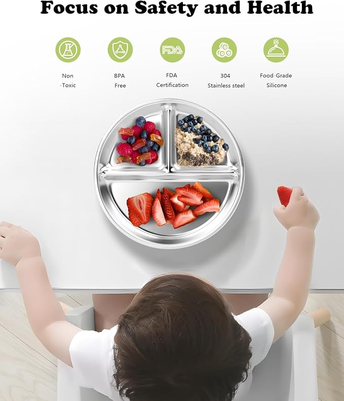 Stainless Steel Kids Plates 3 Packs, 8" Divided Toddlers Portion Control Plate, Non Toxic & BPA Free |Unbreakable |Dishwasher Safe Baby Snack Dish for Solid Starts Self-Feeding