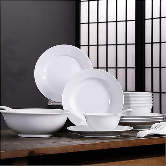 Ceramics Dinner Sets, 26 Pieces Pure Color Dinnerware Set | White Porcelain Steak Plate Cereal Bowl and Soup Bowl for Restaurant