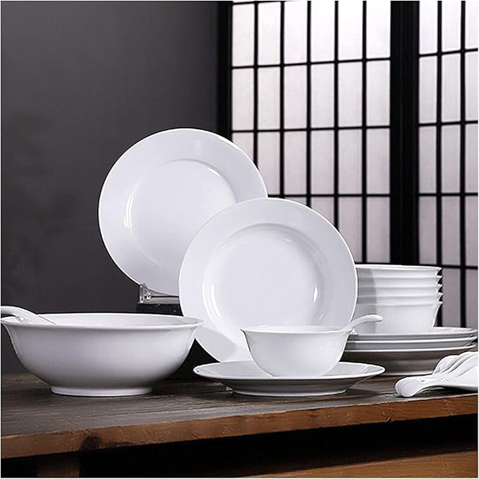 Dining Plate Set Ceramics Dinner Sets 26 Pieces Pure Color Dinnerware Set | White Porcelain Steak Plate Cereal Bowl and Soup Bowl for Restaurant,A