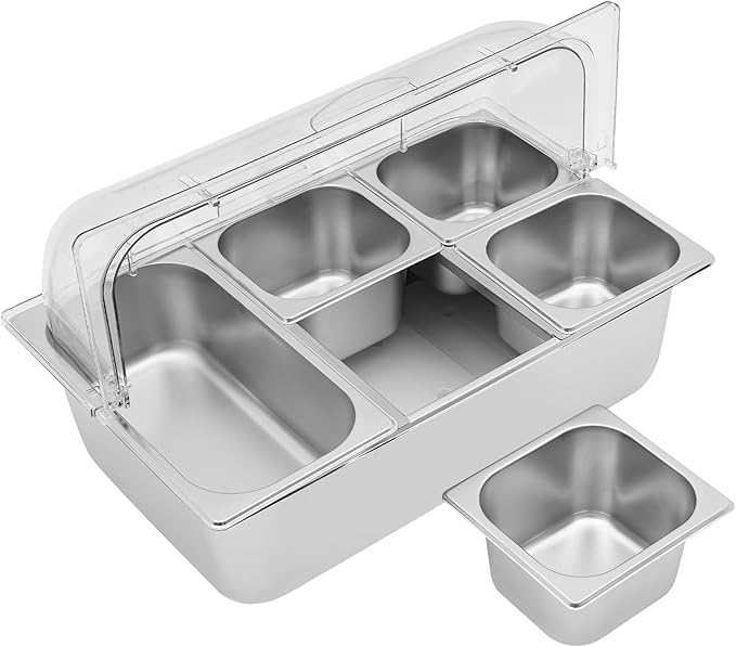 5 Pans Countertop Food Serving Display Container, Stainless Steel Flip-Top Fruit Tray with Clear Roll Top Cover, Buffet Chilled Condiment Container for Restaurant Hotel Kitchen