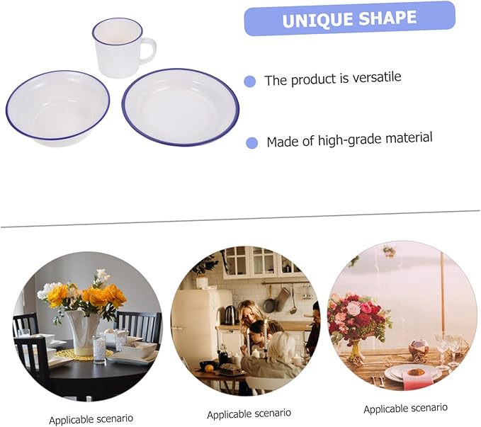 Cabilock Retro Enamelware Tableware Service White Sturdy Household Soup Bowls Plates Cups Creative Kitchen Dinnerware for Rice Soup Salad