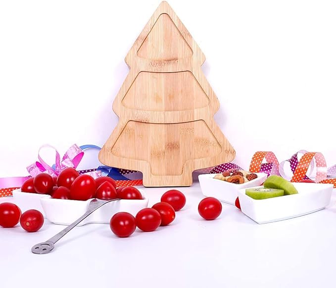 10.8 Inches Snack Appetizer Trays Set, Christmas Tree Dessert Serving Dishes, Snack Platter, 3 pcs Removable White Porcelain Plates with Bamboo Tree Tray