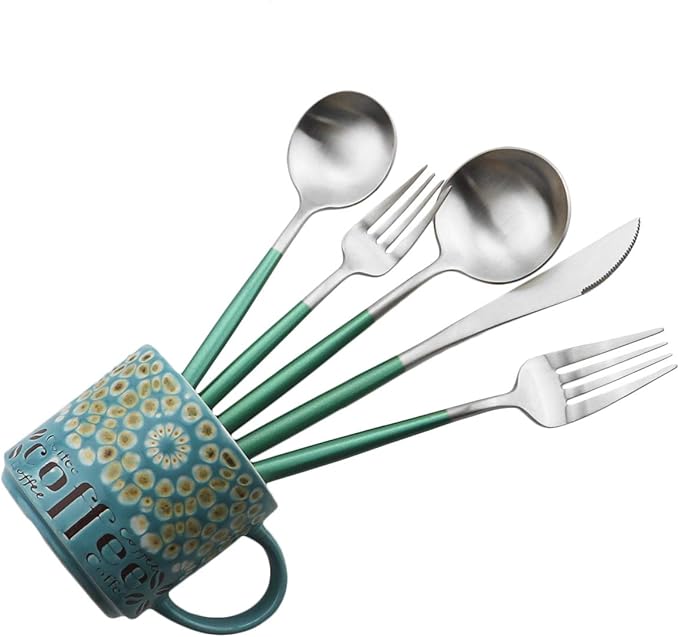 Gugrida Luxury Flatware, Royal 20 Piece Matte White Handle 18/10 Stainless Steel Tableware Sets for 4 Including Forks Spoons Knives, Camping Silverware Travel Utensils Set Cutlery (Green Silver)