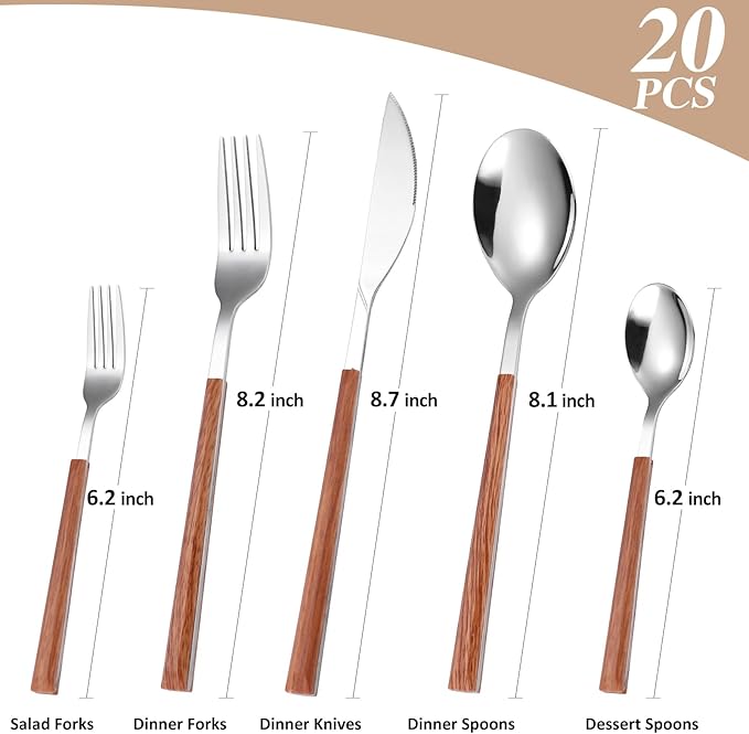 Silverware Set, 20 Piece Mirror Flatware Set Stainless Steel Eating Utensils With Wooden Effect Handle, A Complete Tableware Cutlery For Most Families,Knife Fork Spoon Service For 4 Dishwasher Safe
