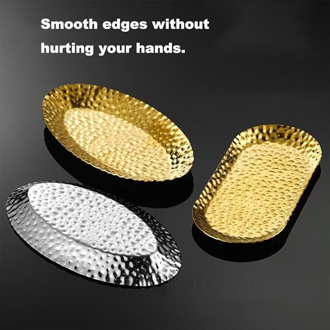 Mini Serving Platter Stainless Steel Serving Tray Hammered Oval 6.9 x 3.1 Inch Small Dessert Plates Coffee Table Tray Decorative Plates for Kitchen Party Gold