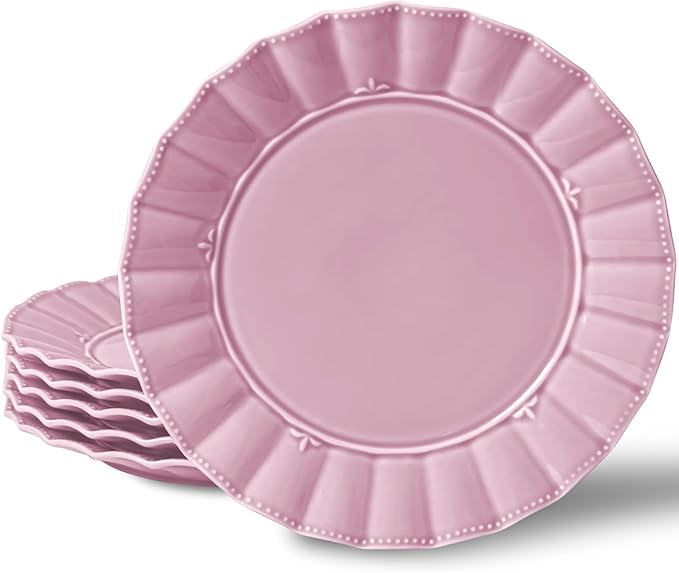 HOMBENE Dinner Plates 10.5 Inches Set for 6, Ceramic Plates, Salad Serving Plates, Wavy Style, Microwave & Dishwasher Safe Plates for Cake Waffles Snacks (Dreamy Sakura Pink)