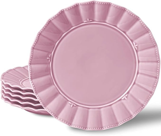 HOMBENE Dinner Plates 10.5 Inches Set for 6, Ceramic Plates, Salad Serving Plates, Wavy Style, Microwave & Dishwasher Safe Plates for Cake Waffles Snacks (Dreamy Sakura Pink)