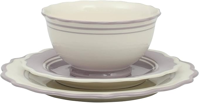 12-Piece Ceramic Dinnerware Set – 4 Dinner Plates, 4 Salad Plates, 4 Bowls, Purple and White Modern Tableware, Dishwasher & Microwave Safe (Iris)