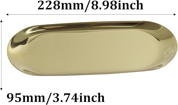 2Pcs 9x4inch Stainless Steel Decorative Trays, Oval Jewelry Dish Cosmetics Organizer, Gold Serving Platter for Bathroom Vanity Dresser Storage