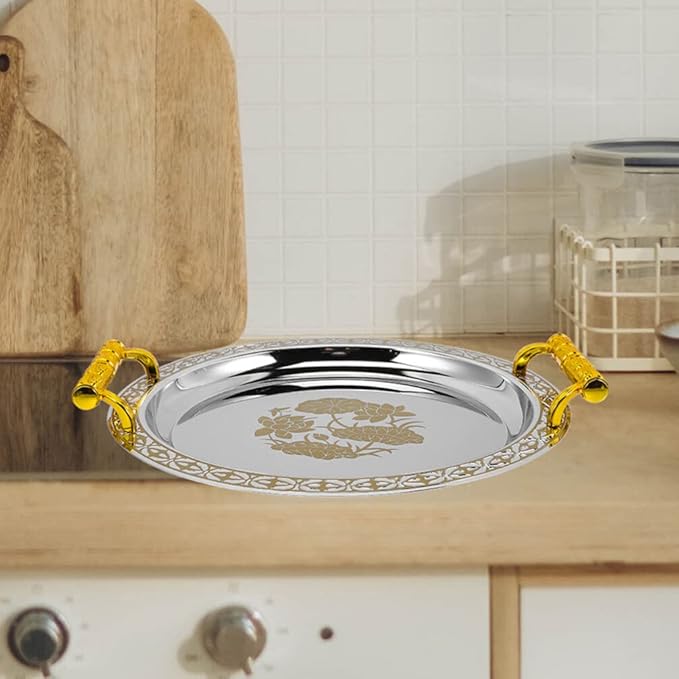 Zerodeko Stainless Steel Tea Tray Tea Serving Platter with Handles European Serving Tray Round Dinner Plate Retro Fruit Tray for Food Fruit Coffee Tea Golden, 33.5X33.5CM
